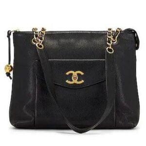 Authentic Vintage CHANEL Black Caviar Leather CC Logo Turn Lock Chain St…